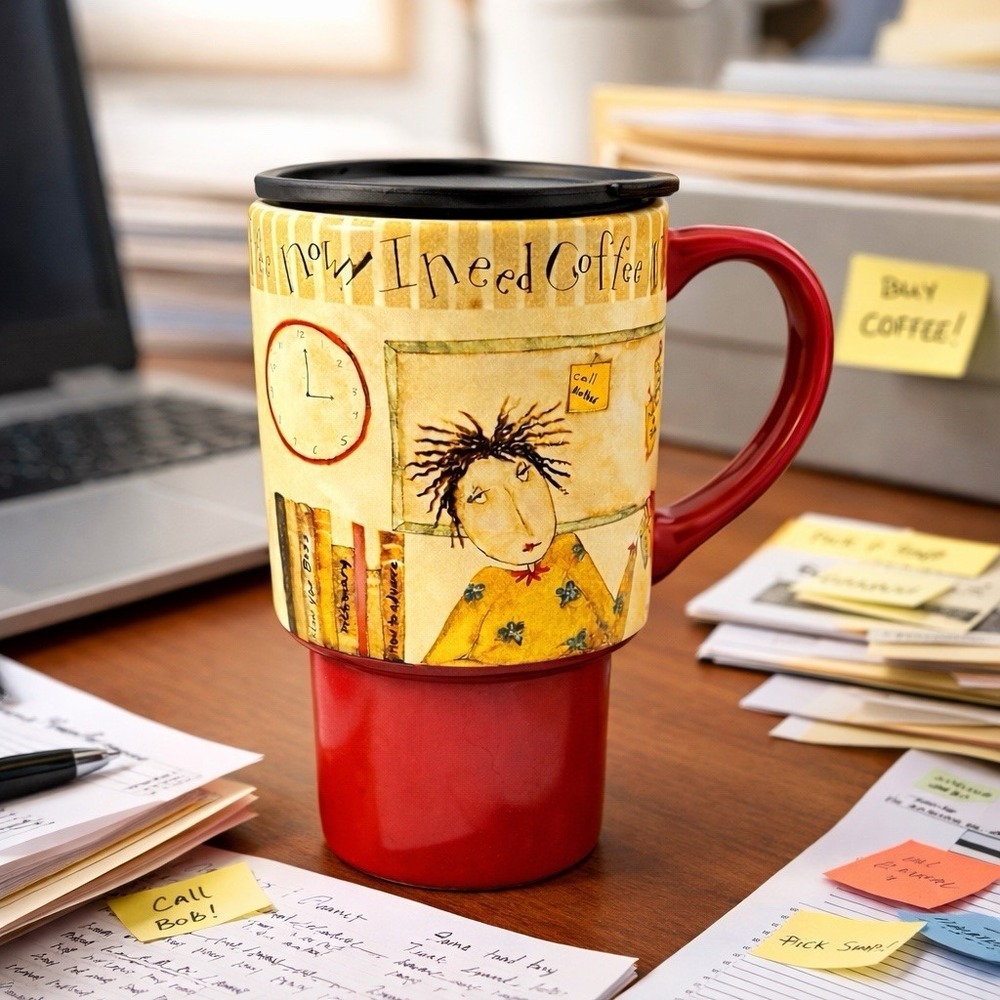 Lang Mug "I Need Coffee Now" Ceramic Travel with Lid 16 Oz Commuter Dan DiPaolo
